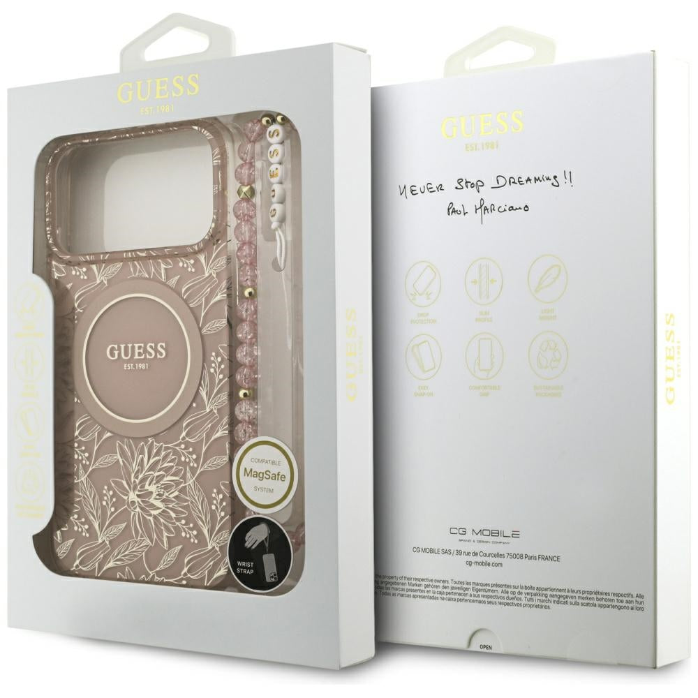 Husa MagSafe pentru Apple iPhone 17 Pro Max, Guess, IML Flowers Allover Electroplated with Pearl Strap, Roz