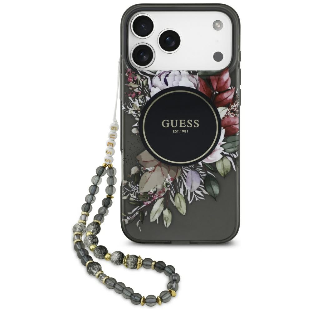 Husa MagSafe pentru Apple iPhone 17 Pro Max, Guess, IML Flowers with Pearl Strap, Neagra