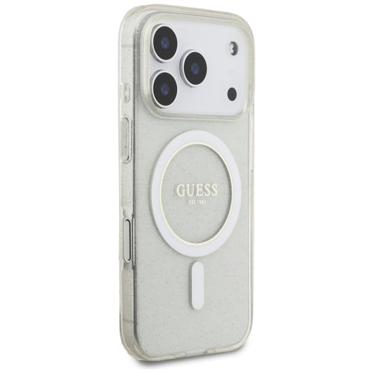 Husa MagSafe pentru Apple iPhone 17 Pro Max, Guess, IML Glitter with Pearl Strap, Transparenta