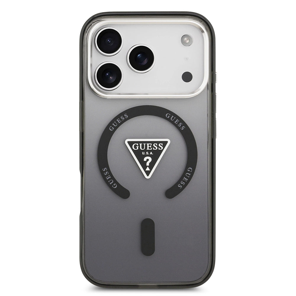 Husa MagSafe pentru Apple iPhone 17 Pro Max, Guess, IML Gradient Triangle Logo, Neagra Argintie