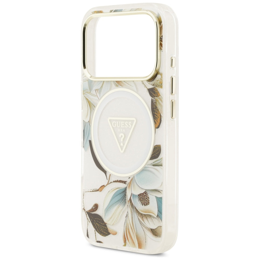 Husa MagSafe pentru Apple iPhone 17 Pro Max, Guess, IML Metal Glitter Flowers Triangle, Alba