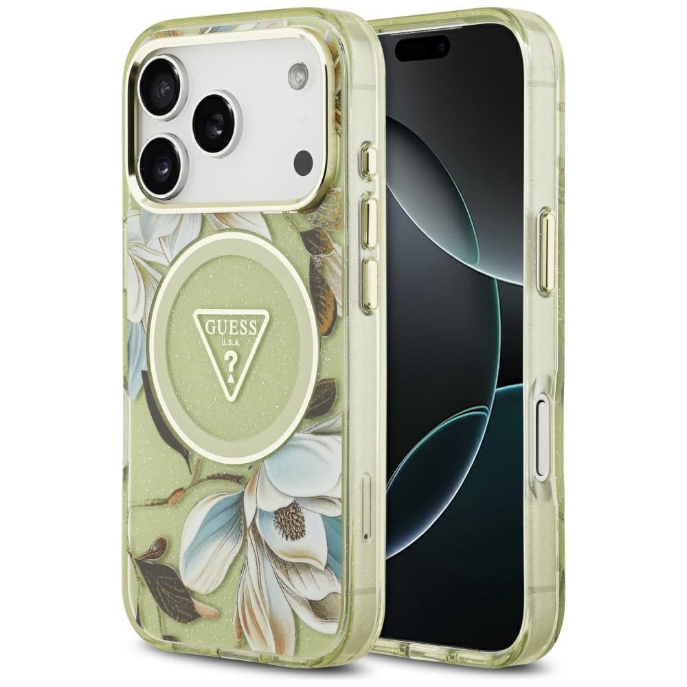 Husa MagSafe pentru Apple iPhone 17 Pro Max, Guess, IML Metal Glitter Flowers Triangle, Verde