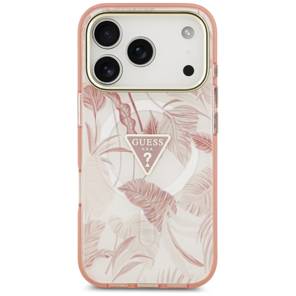 Husa MagSafe pentru Apple iPhone 17 Pro Max, Guess, Jungle Tonal Triangle, Roz