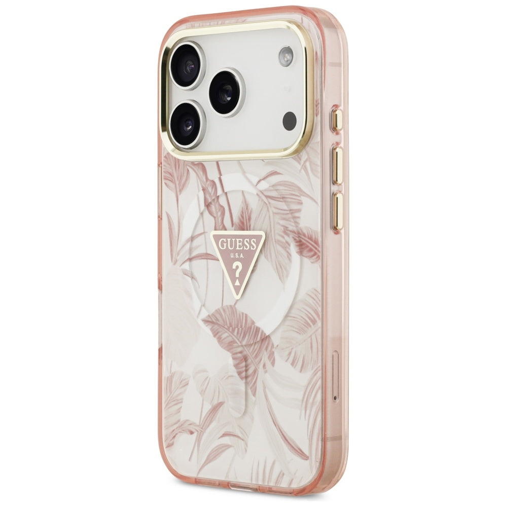 Husa MagSafe pentru Apple iPhone 17 Pro Max, Guess, Jungle Tonal Triangle, Roz