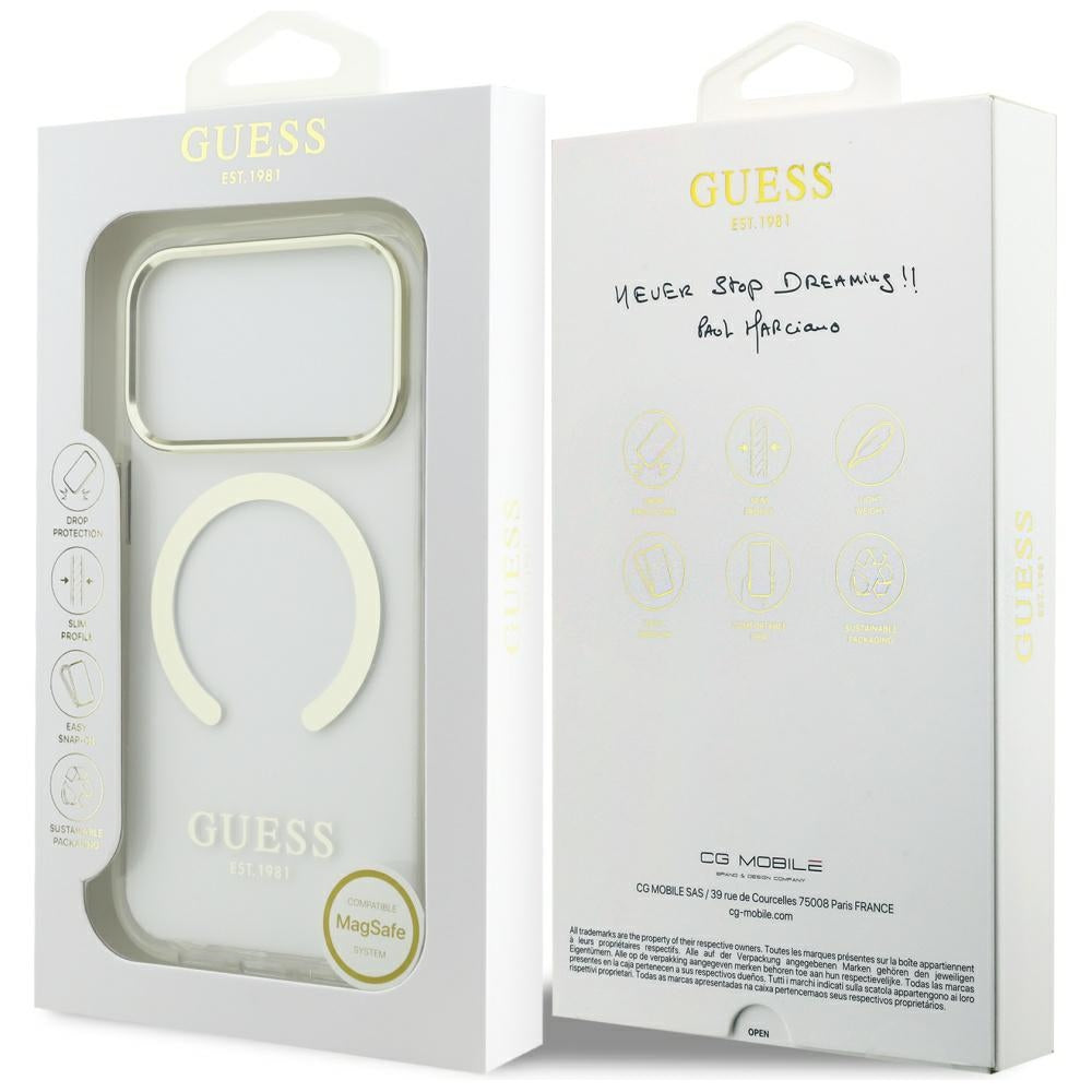Husa MagSafe pentru Apple iPhone 17 Pro Max, Guess, Metal Outline, Aurie