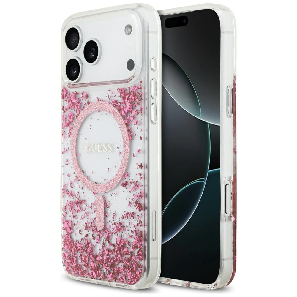 Husa MagSafe pentru Apple iPhone 17 Pro Max, Guess, Resin Bottom Glitter, Roz