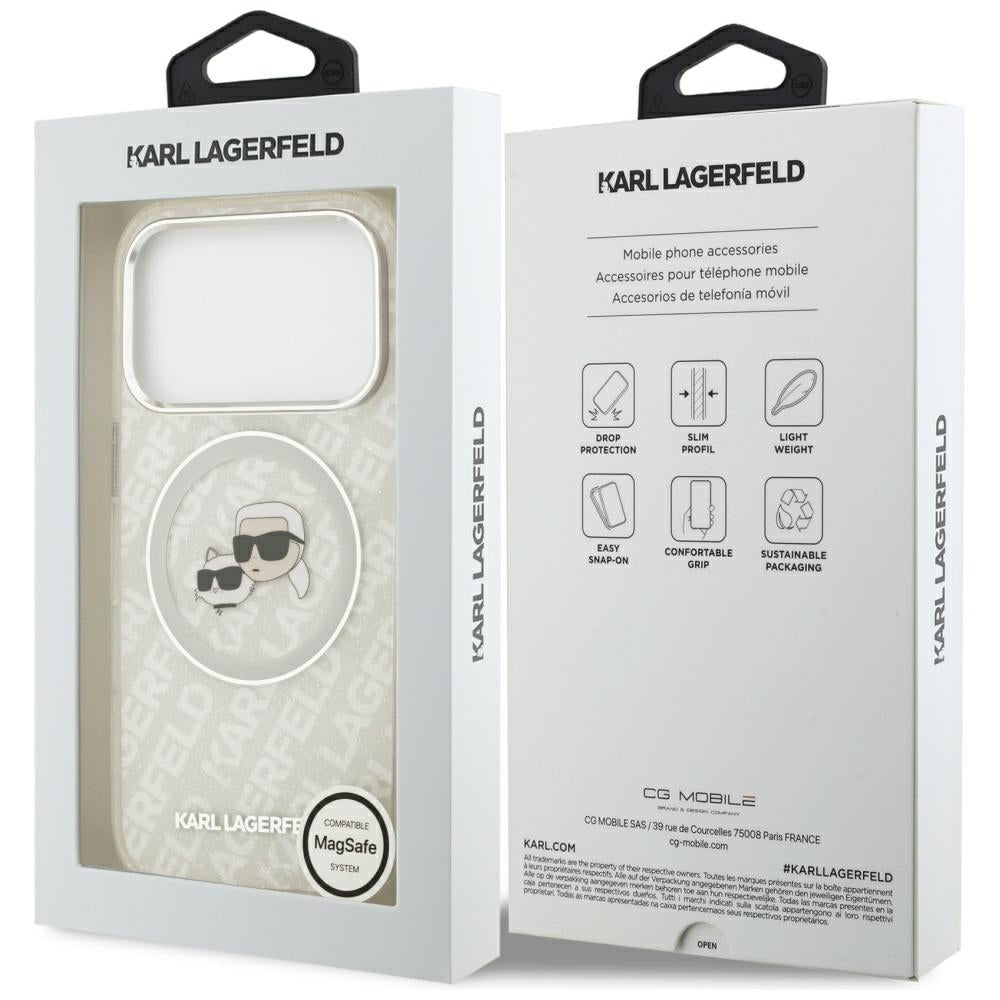 Husa MagSafe pentru Apple iPhone 17 Pro Max, Karl Lagerfeld, Glitter Karl & Choupette Head, Alba