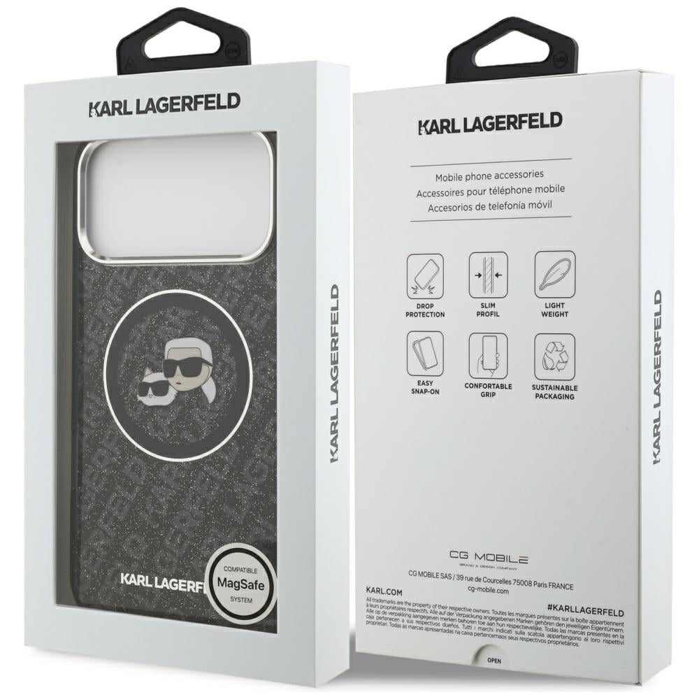 Husa MagSafe pentru Apple iPhone 17 Pro Max, Karl Lagerfeld, Glitter Karl & Choupette Head, Neagra