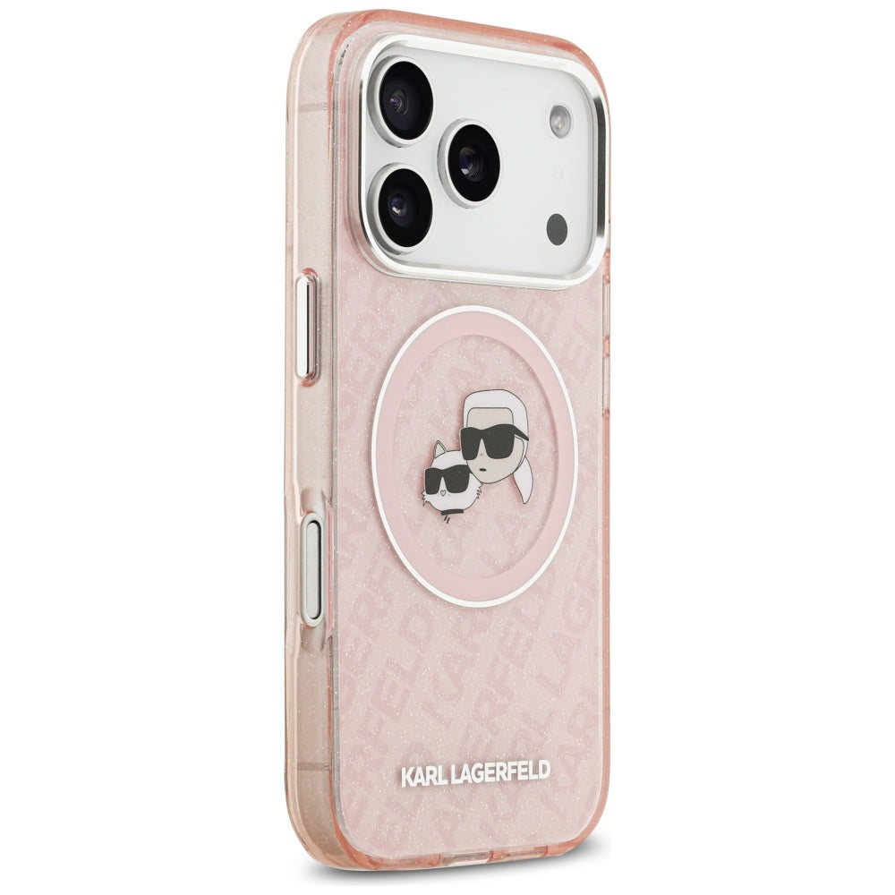 Husa MagSafe pentru Apple iPhone 17 Pro Max, Karl Lagerfeld, Glitter Karl & Choupette Head, Roz