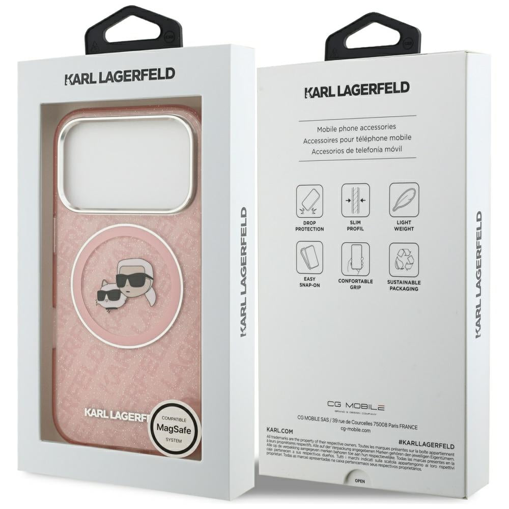 Husa MagSafe pentru Apple iPhone 17 Pro Max, Karl Lagerfeld, Glitter Karl & Choupette Head, Roz