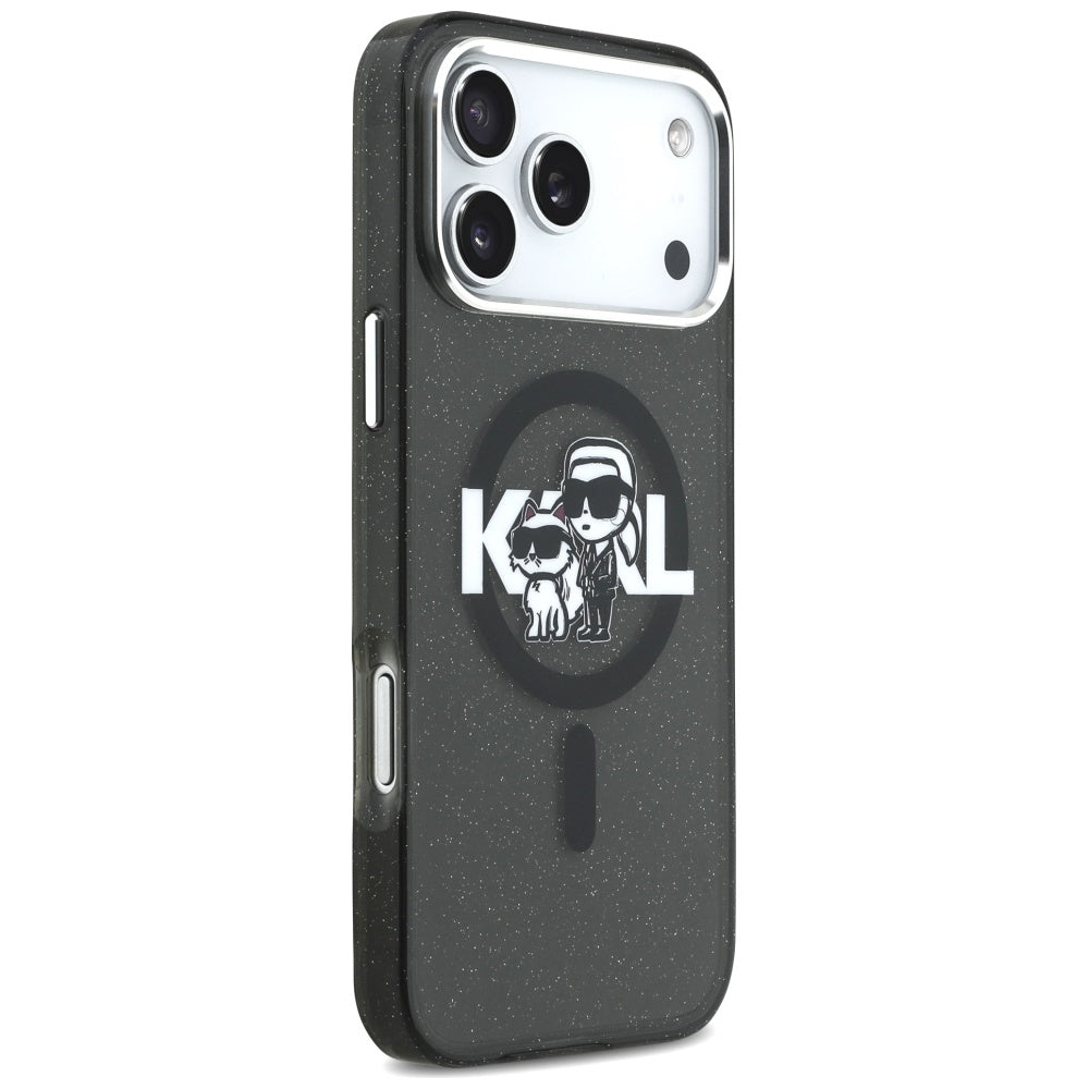Husa MagSafe pentru Apple iPhone 17 Pro Max, Karl Lagerfeld, IML Sketch Logo Glitter Karl & Choupette , Neagra
