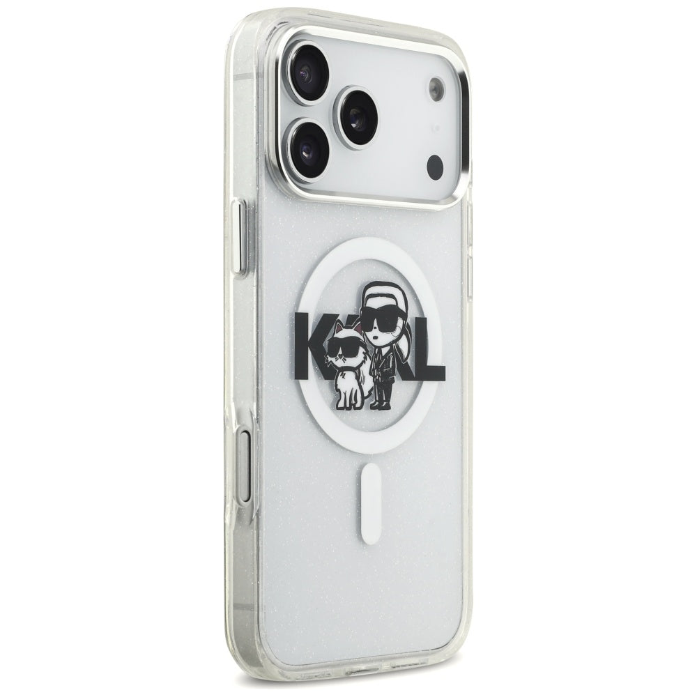 Husa MagSafe pentru Apple iPhone 17 Pro Max, Karl Lagerfeld, IML Sketch Logo Glitter Karl & Choupette, Transparenta