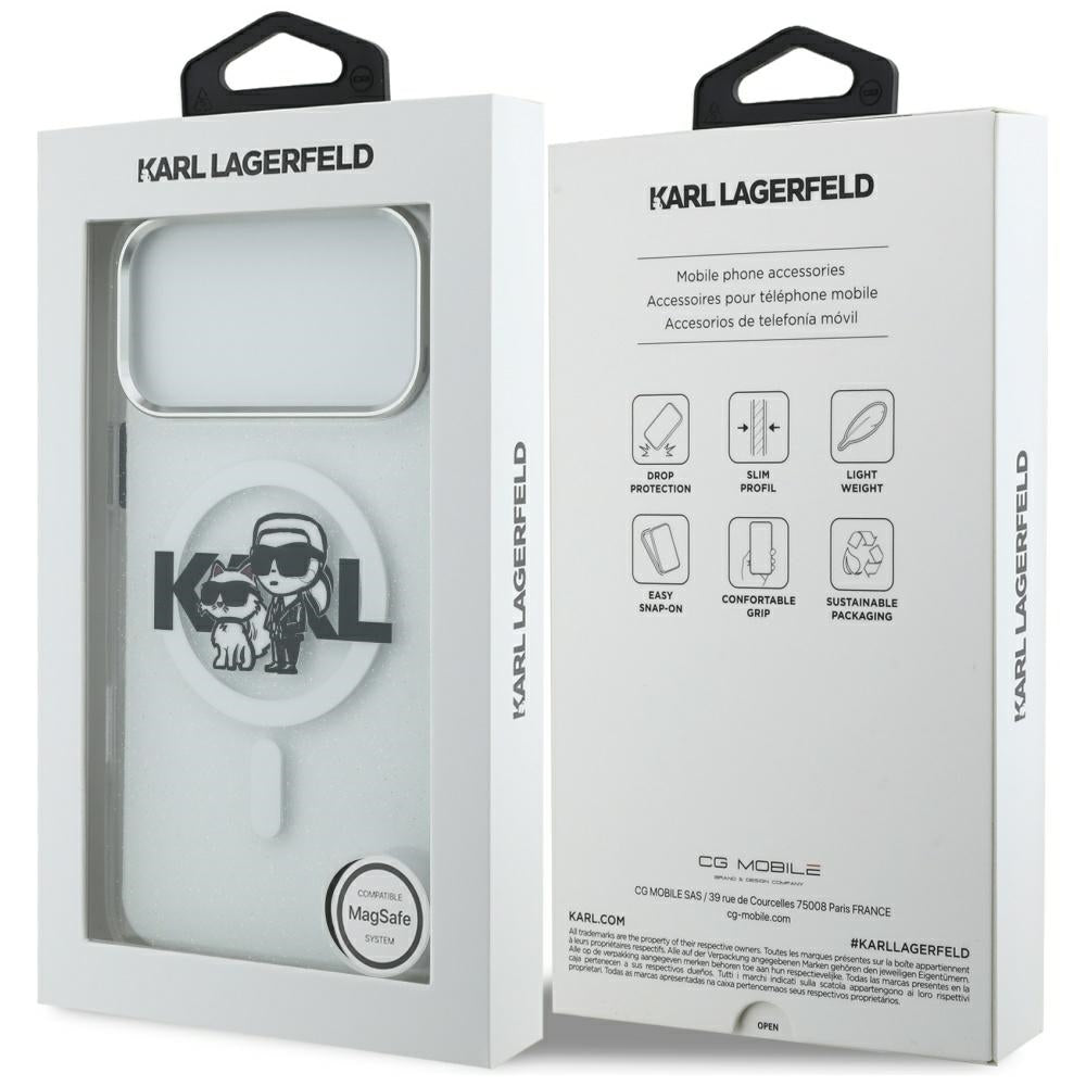 Husa MagSafe pentru Apple iPhone 17 Pro Max, Karl Lagerfeld, IML Sketch Logo Glitter Karl & Choupette, Transparenta