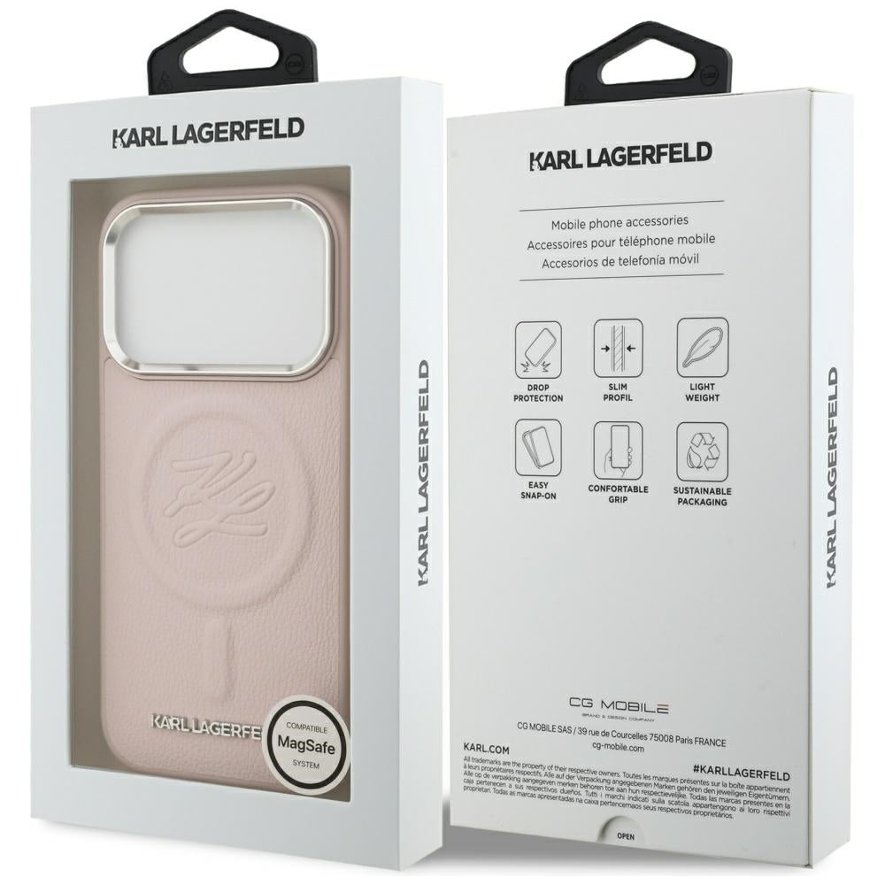Husa MagSafe pentru Apple iPhone 17 Pro Max, Karl Lagerfeld, Initial & Metal Logo, Roz