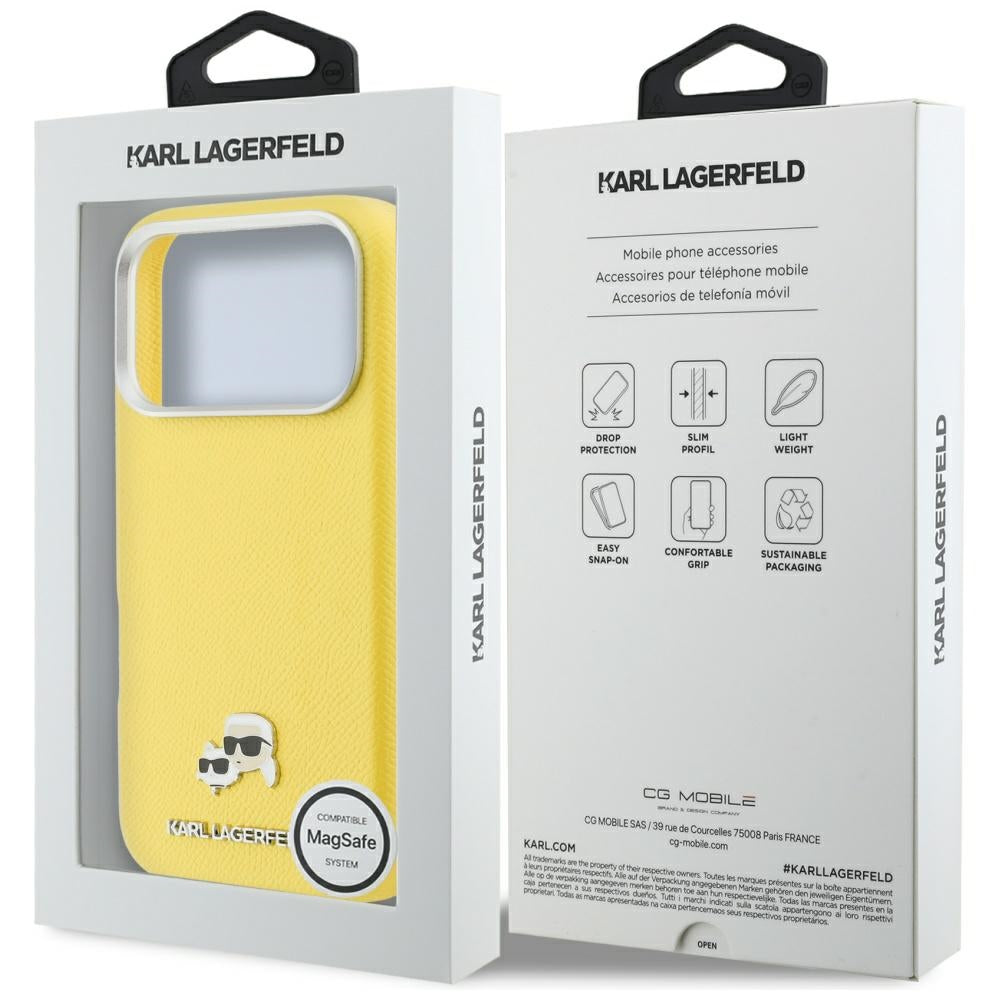 Husa MagSafe pentru Apple iPhone 17 Pro Max, Karl Lagerfeld, Karl & Choupette Head's Pin, Galbena