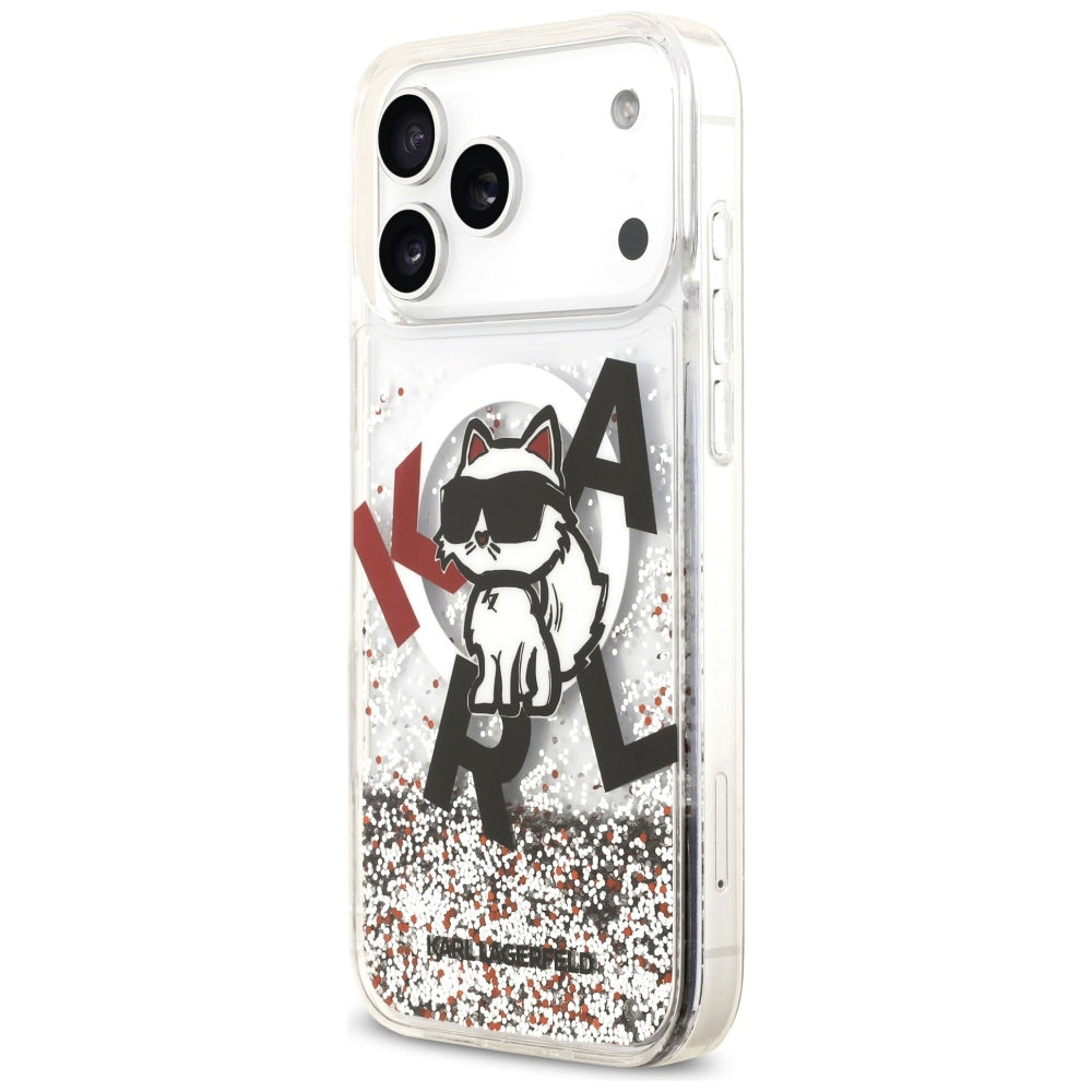 Husa MagSafe pentru Apple iPhone 17 Pro Max, Karl Lagerfeld, Liquid Glitter Logo Choupette, Transparenta