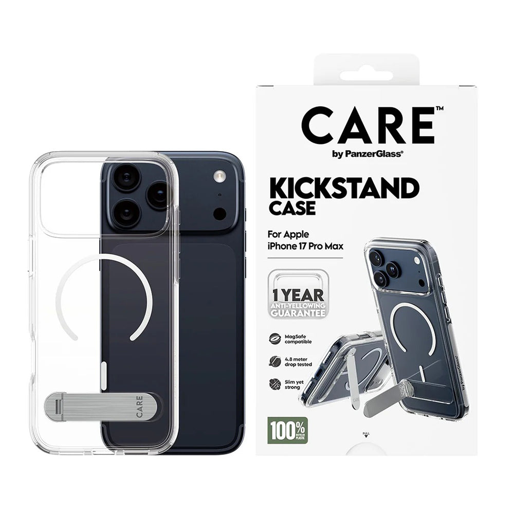 Husa MagSafe pentru Apple iPhone 17 Pro Max, PanzerGlass, Care Feature Kickstand, Transparenta Alba