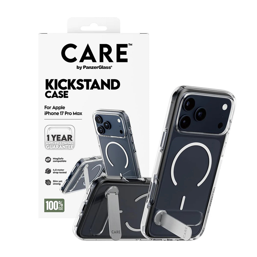 Husa MagSafe pentru Apple iPhone 17 Pro Max, PanzerGlass, Care Feature Kickstand, Transparenta Alba