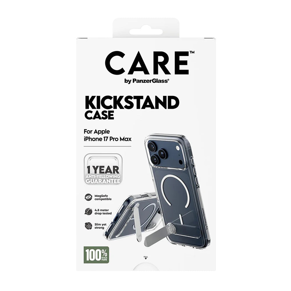 Husa MagSafe pentru Apple iPhone 17 Pro Max, PanzerGlass, Care Feature Kickstand, Transparenta Alba