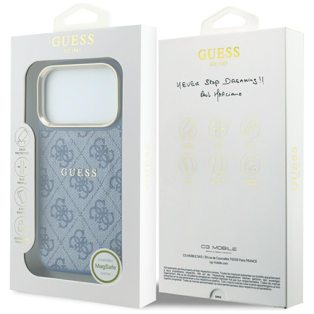 Husa MagSafe pentru Apple iPhone 18 Pro / 17 Pro, Guess, 4G Embossed Classic, Albastra