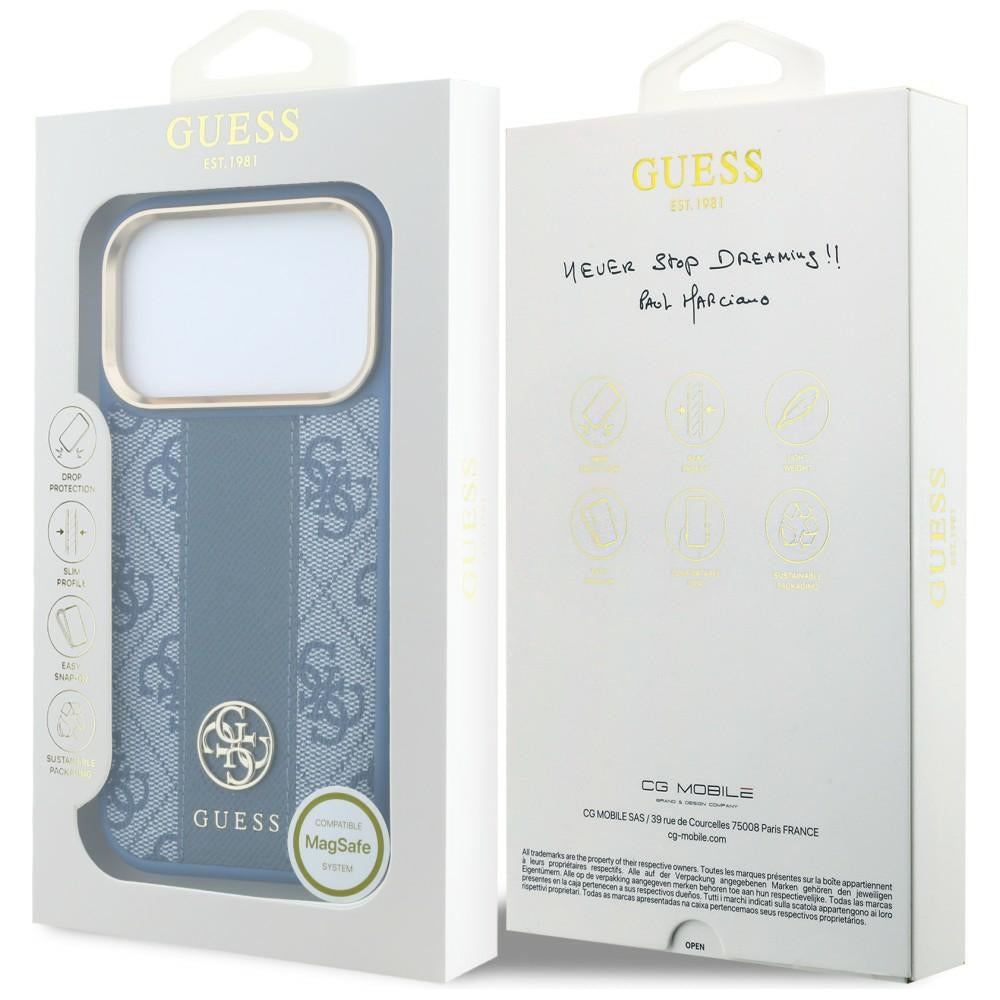 Husa MagSafe pentru Apple iPhone 18 Pro / 17 Pro, Guess, 4G Stripe Round Classic Logo, Albastra