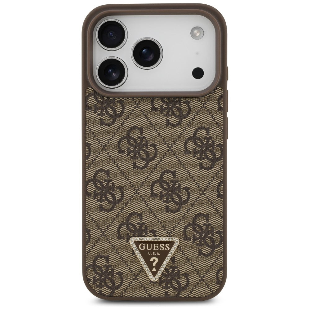 Husa MagSafe pentru Apple iPhone 18 Pro / 17 Pro, Guess, 4G Triangle Strass, Maro