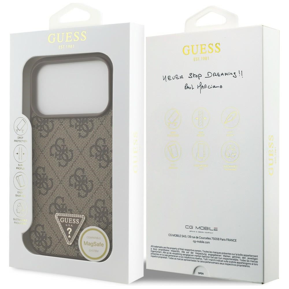 Husa MagSafe pentru Apple iPhone 18 Pro / 17 Pro, Guess, 4G Triangle Strass, Maro