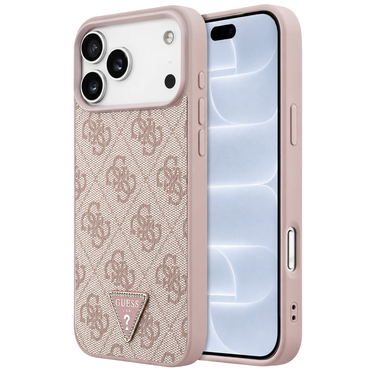 Husa MagSafe pentru Apple iPhone 18 Pro / 17 Pro, Guess, 4G Triangle Strass, Roz