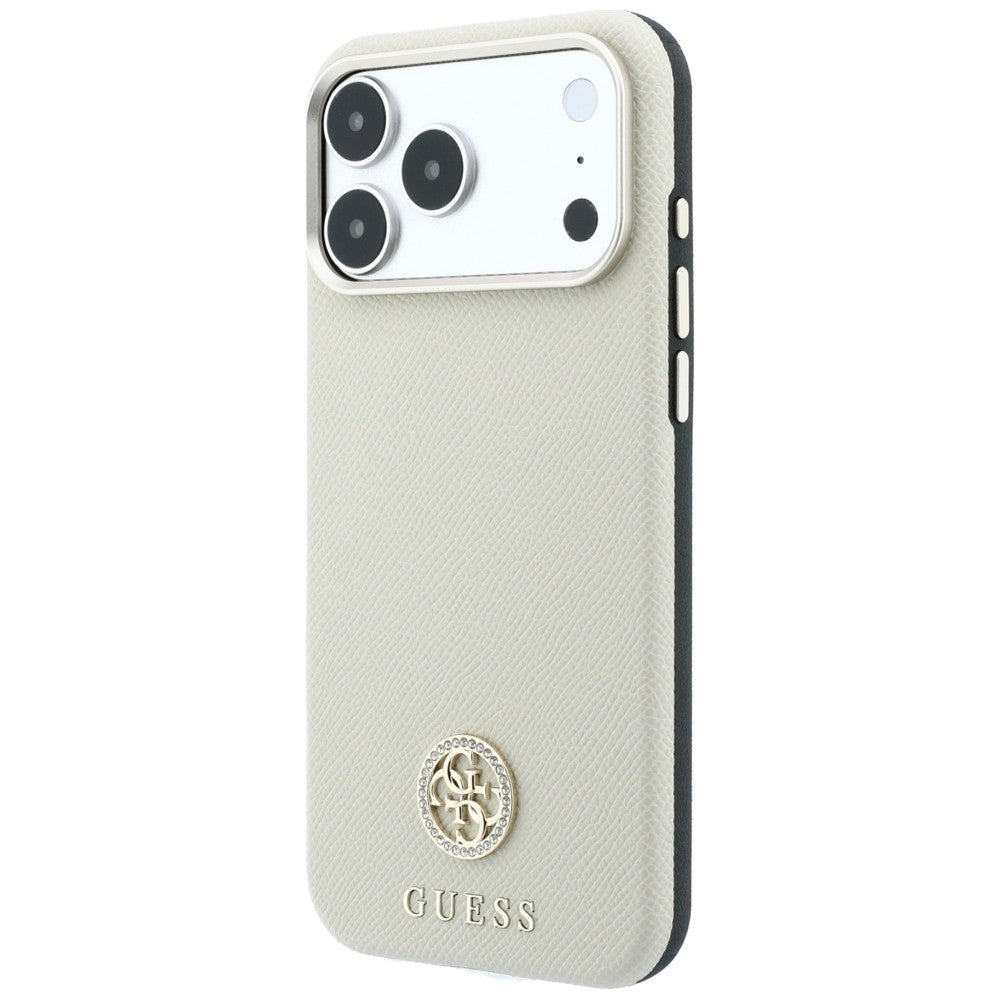 Husa MagSafe pentru Apple iPhone 18 Pro / 17 Pro, Guess, Grained Round Strass Logo, Bej