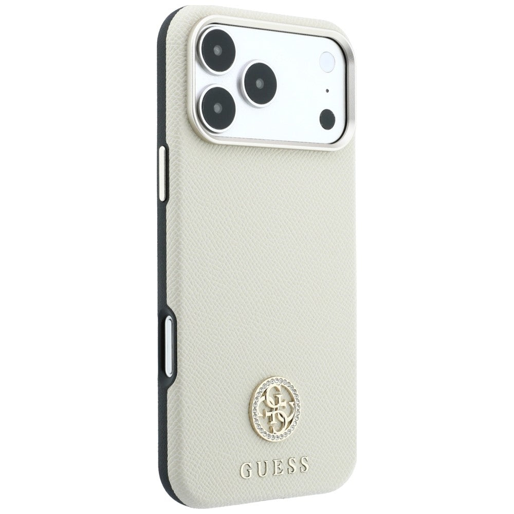 Husa MagSafe pentru Apple iPhone 18 Pro / 17 Pro, Guess, Grained Round Strass Logo, Bej