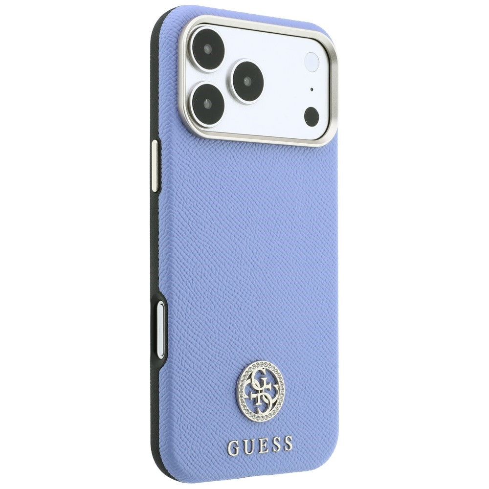 Husa MagSafe pentru Apple iPhone 18 Pro / 17 Pro, Guess, Grained Round Strass Logo, Bleu