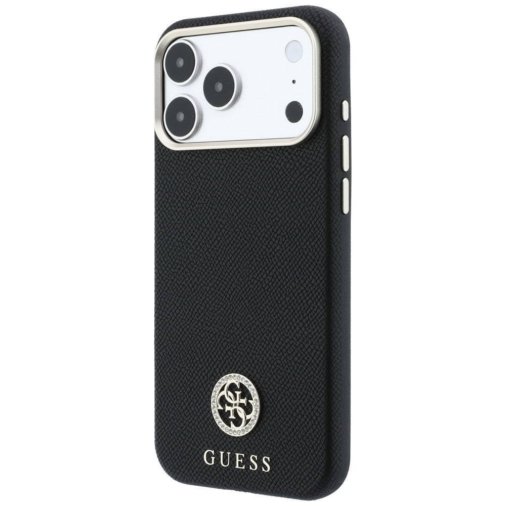 Husa MagSafe pentru Apple iPhone 18 Pro / 17 Pro, Guess, Grained Round Strass Logo, Neagra