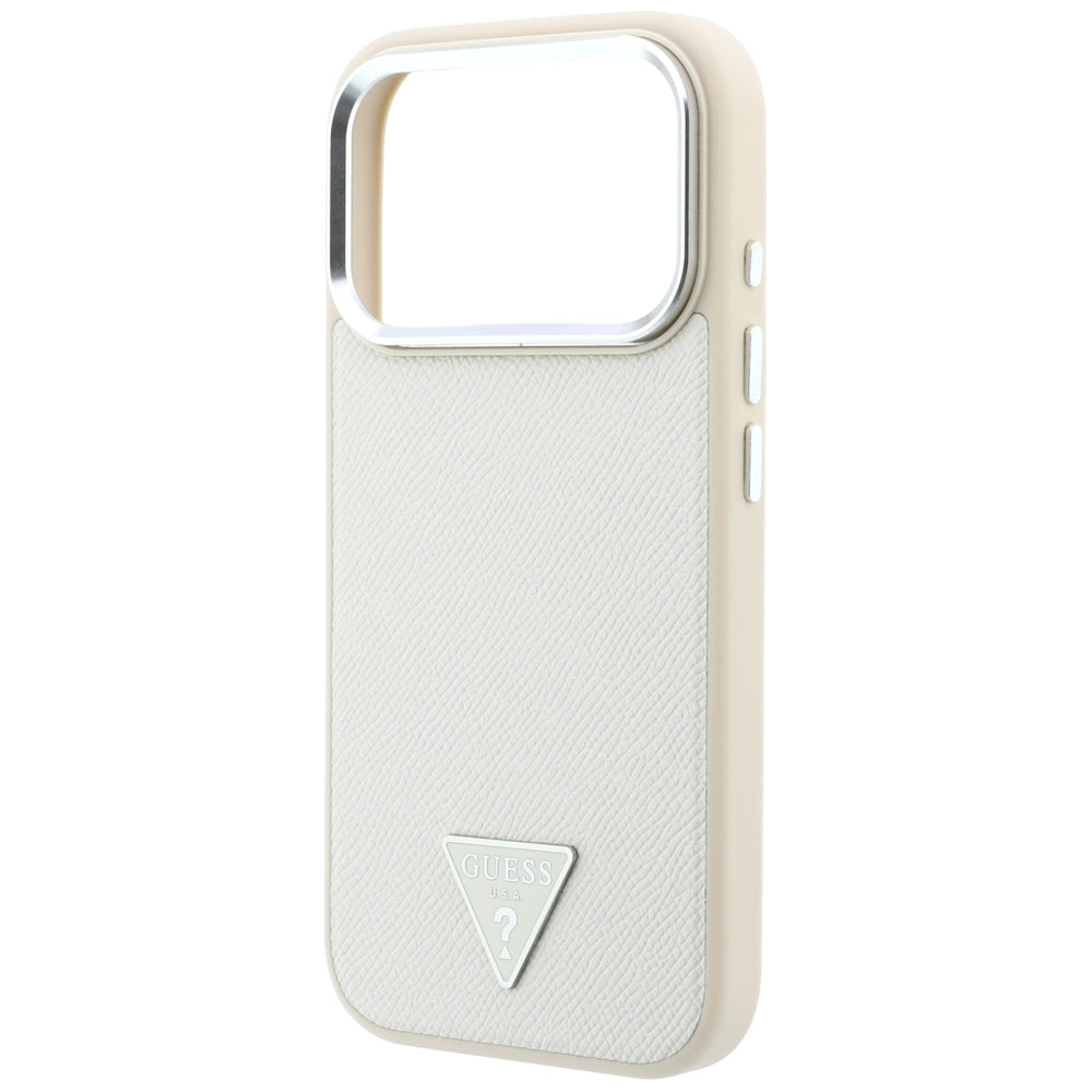 Husa MagSafe pentru Apple iPhone 18 Pro / 17 Pro, Guess, Grained Triangle Logo, Bej