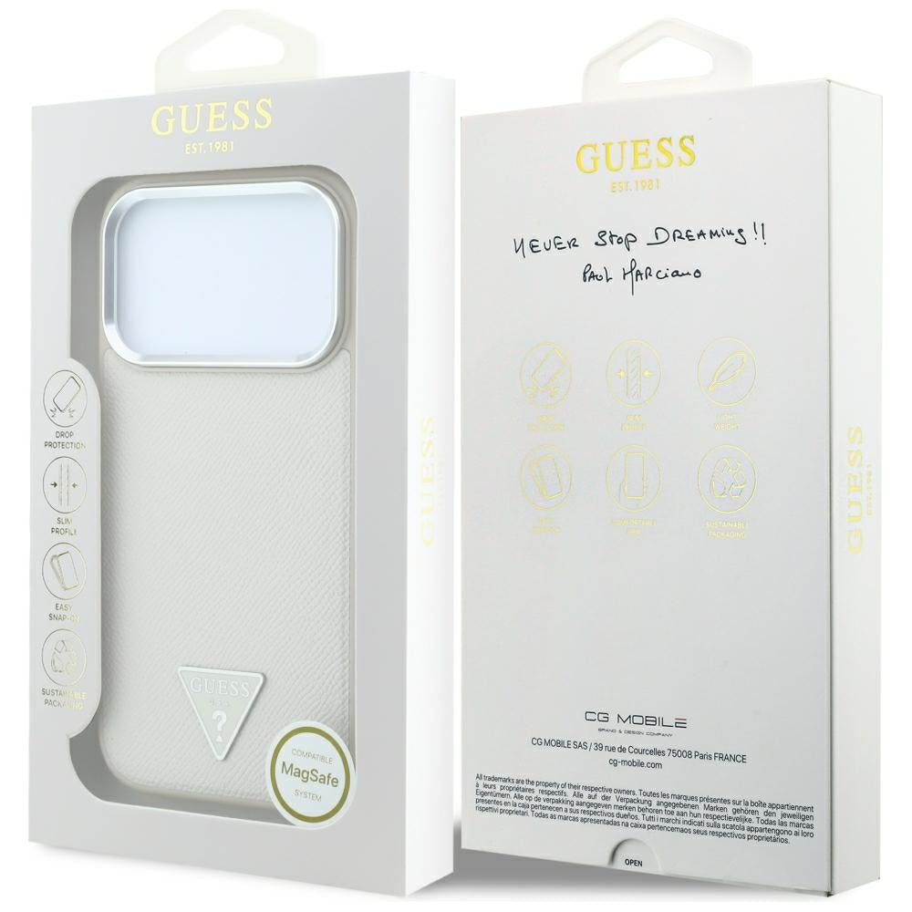 Husa MagSafe pentru Apple iPhone 18 Pro / 17 Pro, Guess, Grained Triangle Logo, Bej