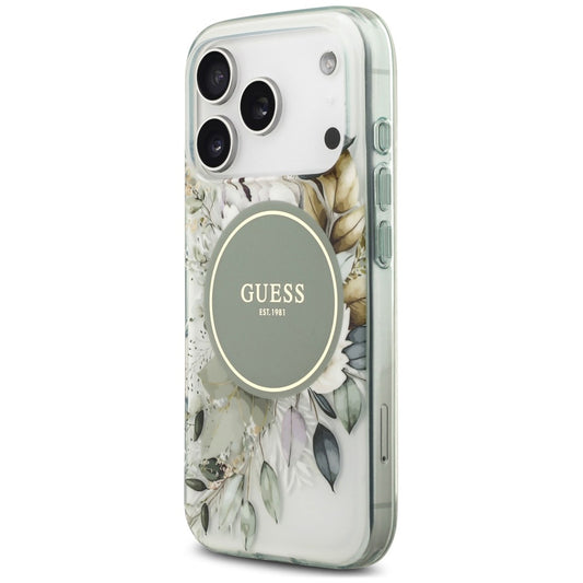 Husa MagSafe pentru Apple iPhone 18 Pro / 17 Pro, Guess, IML Flower & Tonal Circle, Verde