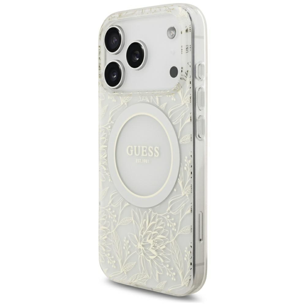 Husa MagSafe pentru Apple iPhone 18 Pro / 17 Pro, Guess, IML Flowers Electroplated with Pearl Strap, Alba
