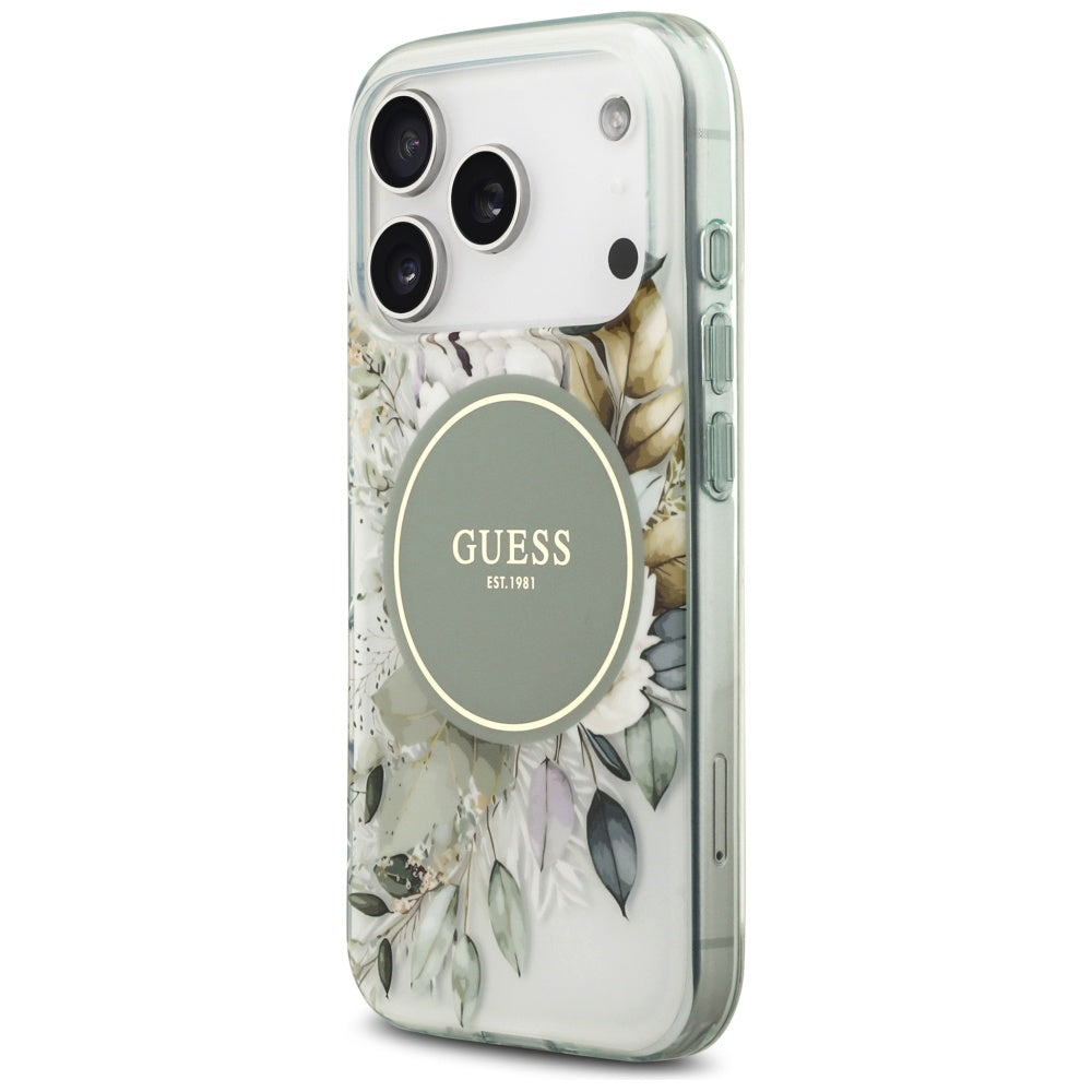 Husa MagSafe pentru Apple iPhone 18 Pro / 17 Pro, Guess, IML Flowers with Pearl Strap, Verde