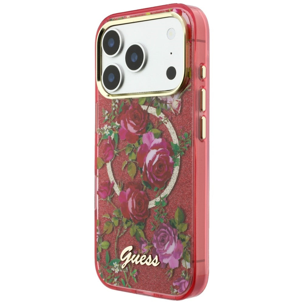 Husa MagSafe pentru Apple iPhone 18 Pro / 17 Pro, Guess, IML Glitter Blossom Roses, Visinie