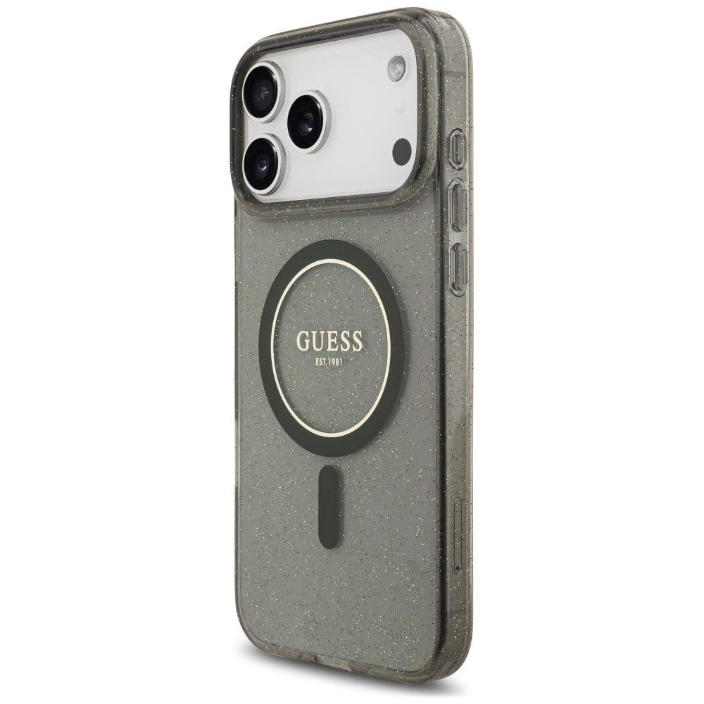 Husa MagSafe pentru Apple iPhone 18 Pro / 17 Pro, Guess, IML Glitter with Pearl Strap, Neagra