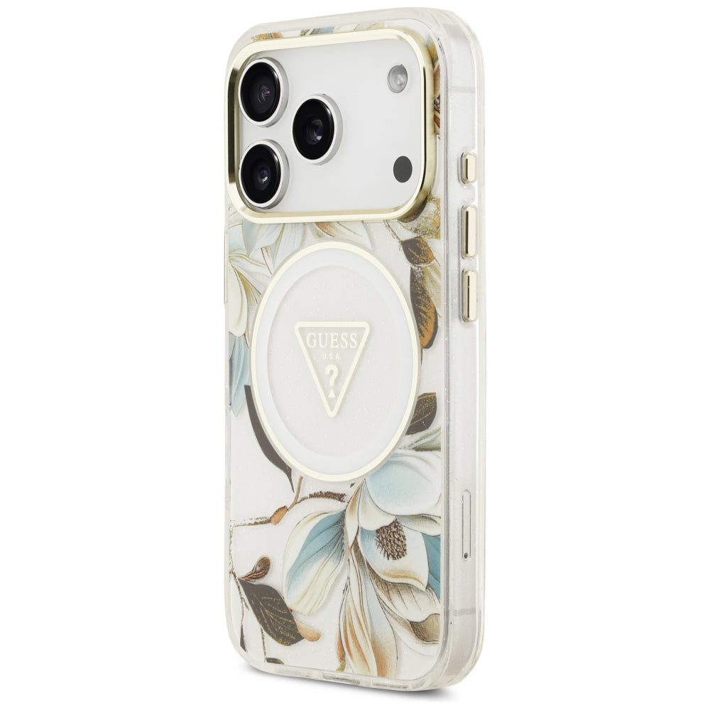 Husa MagSafe pentru Apple iPhone 18 Pro / 17 Pro, Guess, IML Metal Glitter Flowers Triangle, Alba