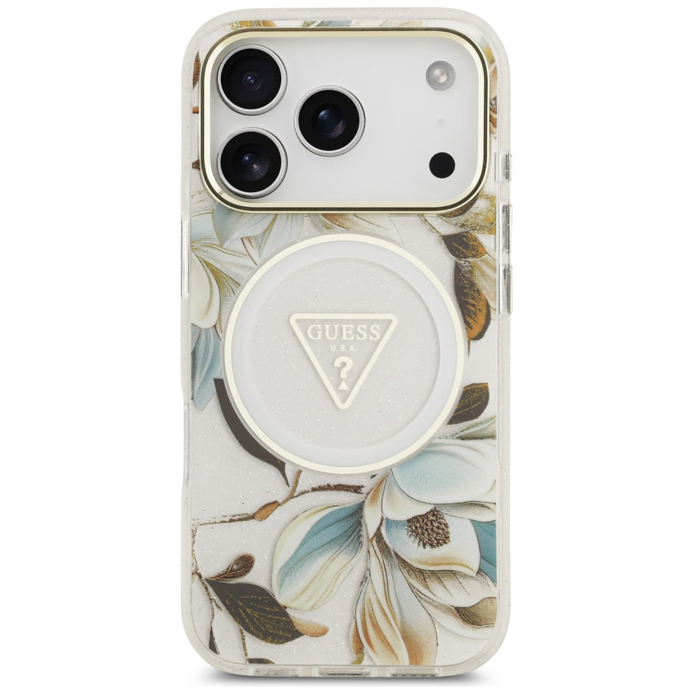 Husa MagSafe pentru Apple iPhone 18 Pro / 17 Pro, Guess, IML Metal Glitter Flowers Triangle, Alba
