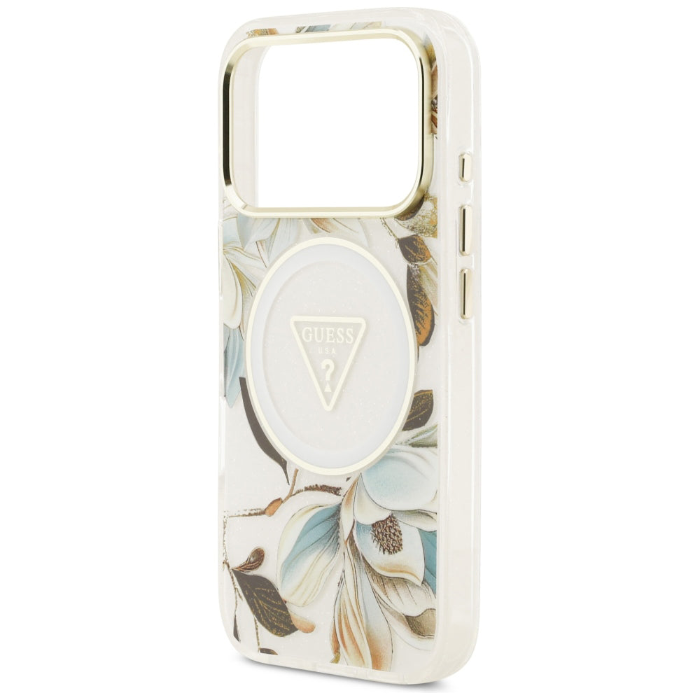 Husa MagSafe pentru Apple iPhone 18 Pro / 17 Pro, Guess, IML Metal Glitter Flowers Triangle, Alba