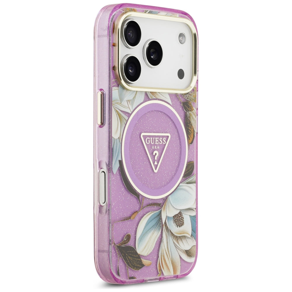 Husa MagSafe pentru Apple iPhone 18 Pro / 17 Pro, Guess, IML Metal Glitter Flowers Triangle, Mov