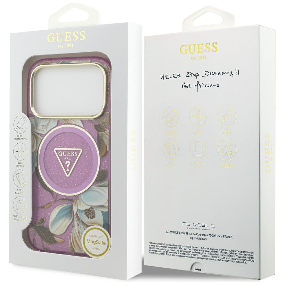 Husa MagSafe pentru Apple iPhone 18 Pro / 17 Pro, Guess, IML Metal Glitter Flowers Triangle, Mov