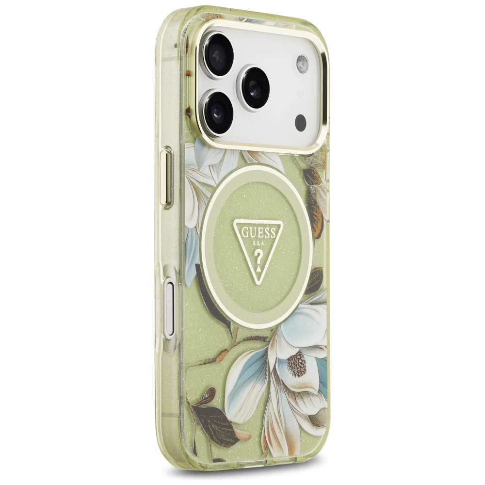 Husa MagSafe pentru Apple iPhone 18 Pro / 17 Pro, Guess, IML Metal Glitter Flowers Triangle, Verde