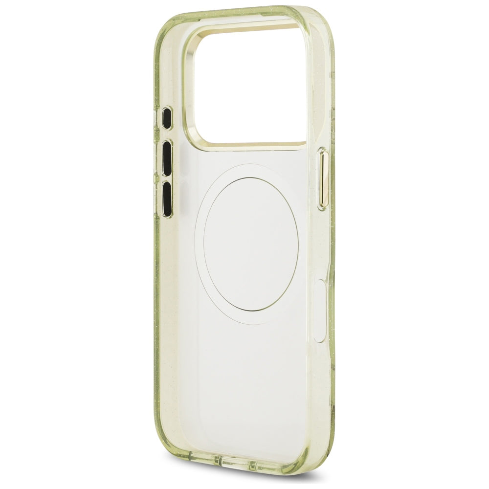 Husa MagSafe pentru Apple iPhone 18 Pro / 17 Pro, Guess, IML Metal Glitter Flowers Triangle, Verde