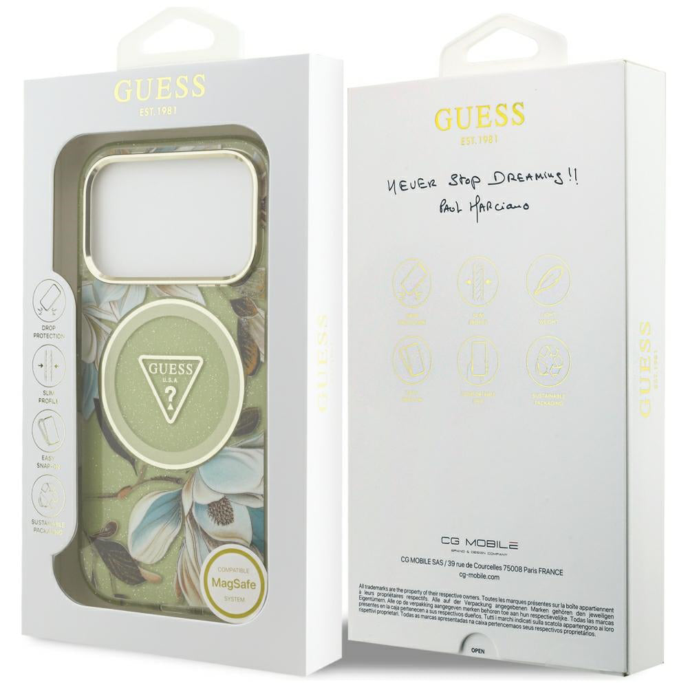 Husa MagSafe pentru Apple iPhone 18 Pro / 17 Pro, Guess, IML Metal Glitter Flowers Triangle, Verde