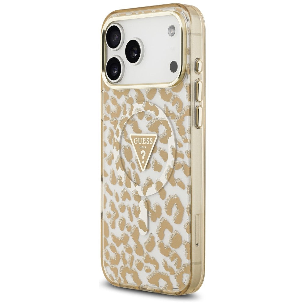Husa MagSafe pentru Apple iPhone 18 Pro / 17 Pro, Guess, Leopard Glitter Triangle Logo, Maro