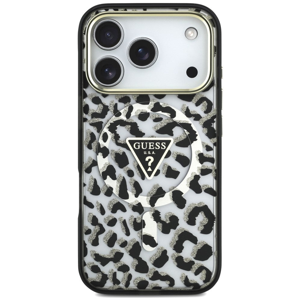 Husa MagSafe pentru Apple iPhone 18 Pro / 17 Pro, Guess, Leopard Glitter Triangle Logo, Neagra