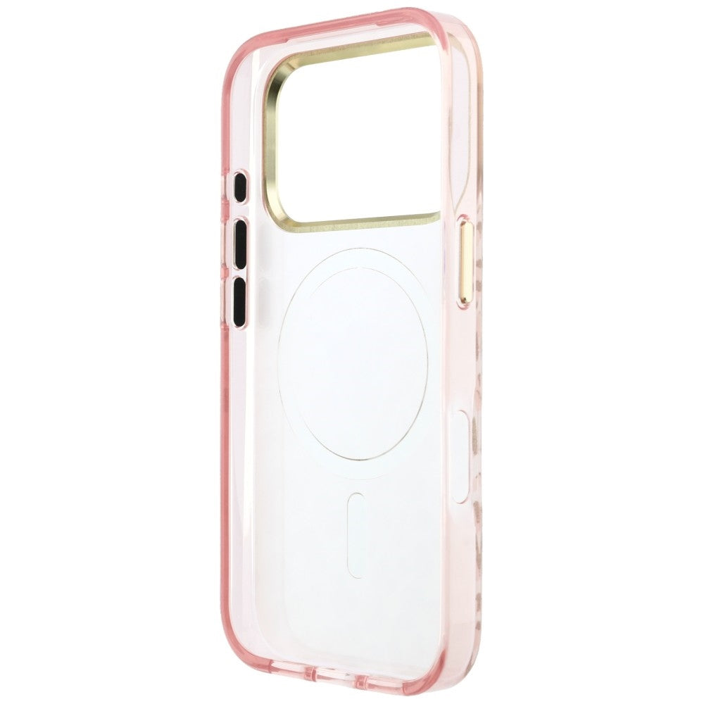 Husa MagSafe pentru Apple iPhone 18 Pro / 17 Pro, Guess, Leopard Glitter Triangle Logo, Roz